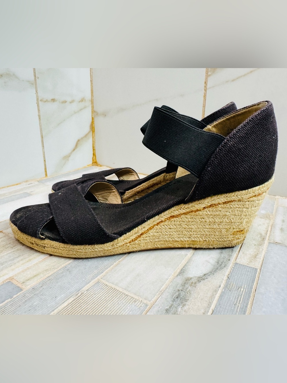 Nine West Black Espadrille Wedge Sandals with Elastic Ankle Strap 7M - Picture 6 of 8